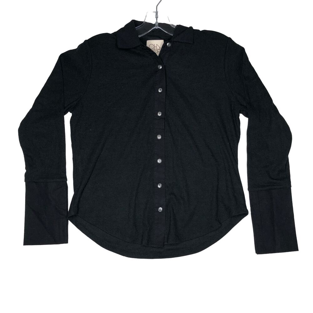 Chaser Blouse Womens Small Black Button Up Collared Knit NWT